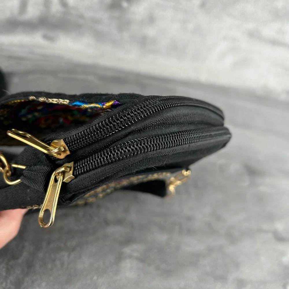 Boho Embroidered Canvas Crossbody Bag Black Floral Bird Utility Phone Purse